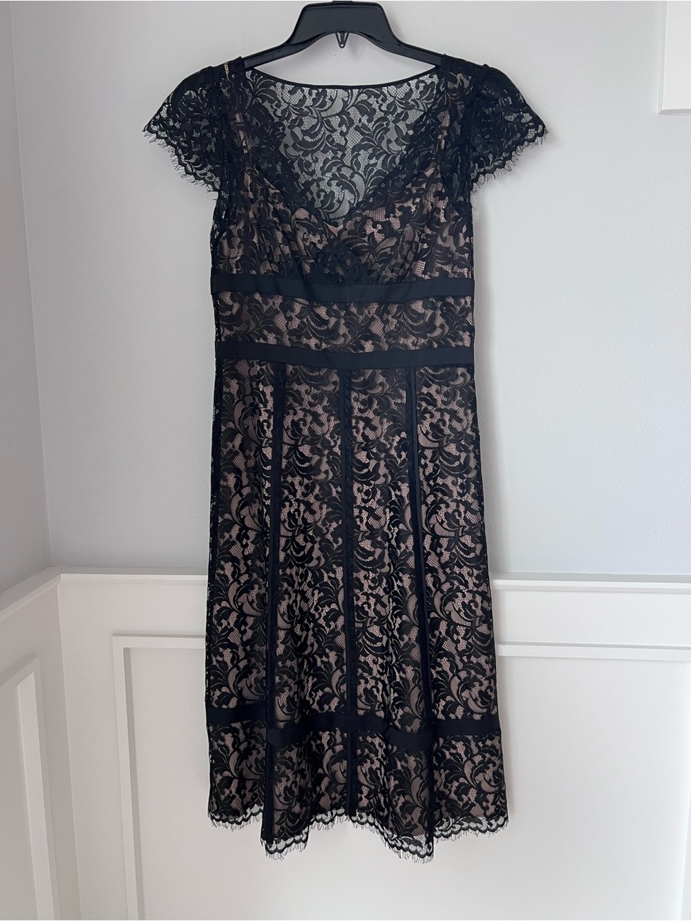LOFT Black Lace Midi Dress with Nude Lining - Picture 3 of 13